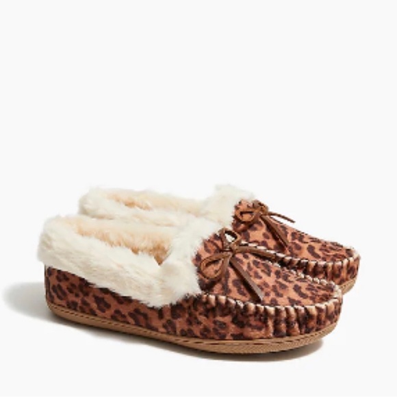 NEW J Crew faux fur line leopard house shoes - Picture 1 of 4